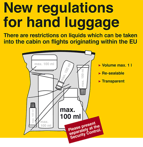 Liquids allowed in hand luggage - dimensions 20cm by 20cm