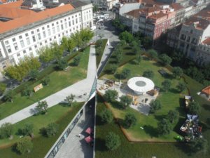 The architectural garden design near the famous Clérigos Tower in picturesque Porto