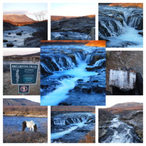 A collage of photographs taken along the route to Bruarfoss waterfall, which is a magnificent site