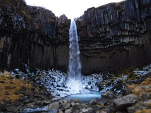 The long, narrow Svartifoss waterfall surrounded by hexagonal basalt columns is very different from other waterfalls in Iceland