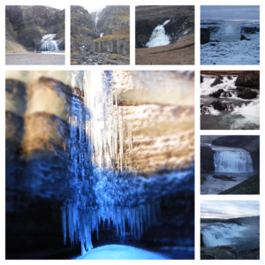 A collage showing 8 different photographs of smaller waterfalls in Iceland with the main picture taken at an ice cave