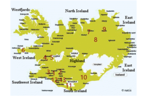 A map of Iceland outlining the location of 13 spectacular waterfalls