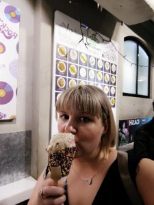 A huge rainbow sprinkle cone filled with maple pecan ice cream bought at Emack and Bolio's ice ceam parlour near Central MTR, Hong Kong