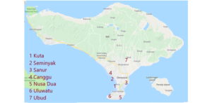 A map showing seven popular areas to stay which are close to Bali's international airport making it easy to explore during your first visit to Bali