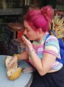 My friend Kathryn trying Durian fruit for the first time. She immediately regretted this, likening the fruit to "garlic custard". This wasn't her idea of fun in Ubud!