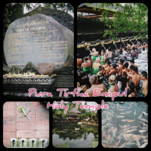 A photo collage of images taken at the Pura Tirtha Empul temple in North Ubud known for the purification ritual in its pool