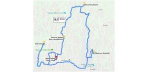 Google maps route planner showing the different stops we made during our four fun days in Ubud