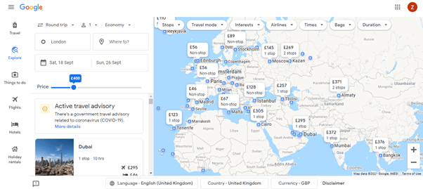 Google Flights Explore option shows flight prices around the globe