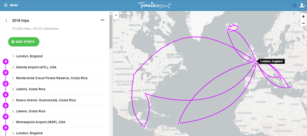 TravellersPoint map showing travel destinations visited during 2018