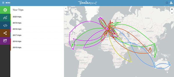 TravellersPoint map showing travel destinations visited since 2015